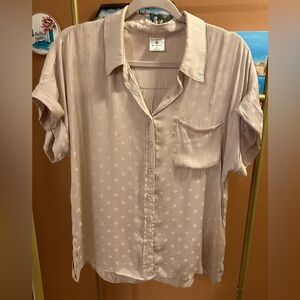 Beige/Gold Satin Polka Dot Button-Up Blouse